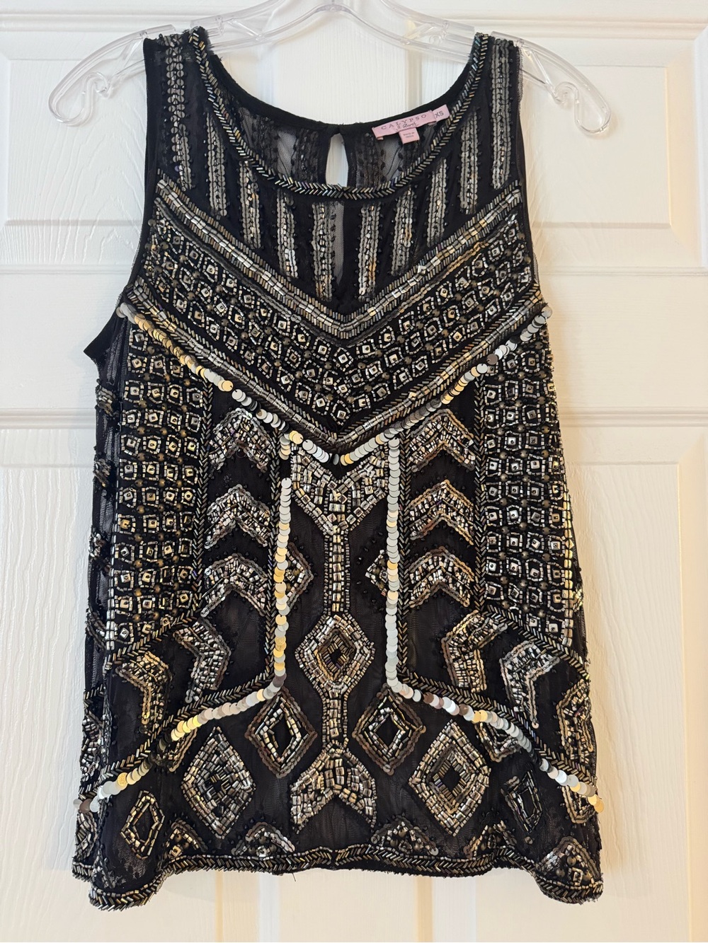 Calypso St. Barth Black Sequined Beaded Top with Gold Accents